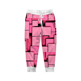 Детские брюки 3D с принтом Кубики в Тюмени, 100% полиэстер | манжеты по низу, эластичный пояс регулируется шнурком, по бокам два кармана без застежек, внутренняя часть кармана из мелкой сетки | квадраты | объем | плитка | розовый
