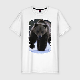 Мужская футболка премиум с принтом Русский медведь в Тюмени, 92% хлопок, 8% лайкра | приталенный силуэт, круглый вырез ворота, длина до линии бедра, короткий рукав | берлога | животное | зверь | косолапый | медведь | мишка | потапыч | хищник | хозяин тайги
