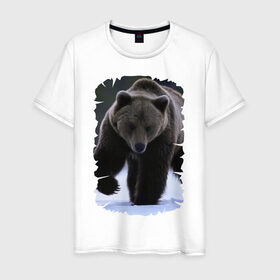 Мужская футболка хлопок с принтом Русский медведь в Тюмени, 100% хлопок | прямой крой, круглый вырез горловины, длина до линии бедер, слегка спущенное плечо. | Тематика изображения на принте: берлога | животное | зверь | косолапый | медведь | мишка | потапыч | хищник | хозяин тайги