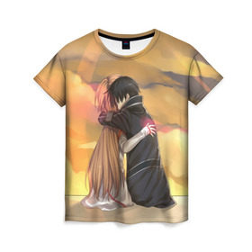 Женская футболка 3D с принтом Hug в Тюмени, 100% полиэфир ( синтетическое хлопкоподобное полотно) | прямой крой, круглый вырез горловины, длина до линии бедер | anime | asuna | kirito | sword art online | асуна | кирито | мастера меча онлайн