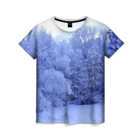 Женская футболка 3D с принтом Зима в Тюмени, 100% полиэфир ( синтетическое хлопкоподобное полотно) | прямой крой, круглый вырез горловины, длина до линии бедер | деревья | природа | синий | снег | снежный