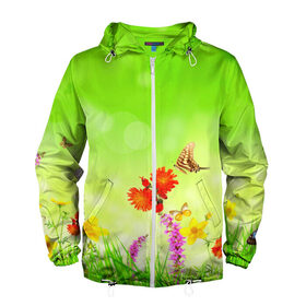 Мужская ветровка 3D с принтом Цветы в Тюмени, 100% полиэстер | подол и капюшон оформлены резинкой с фиксаторами, два кармана без застежек по бокам, один потайной карман на груди | бабочка | красивая | насекомые | природа | цветок