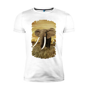 Мужская футболка премиум с принтом Могучий слон в Тюмени, 92% хлопок, 8% лайкра | приталенный силуэт, круглый вырез ворота, длина до линии бедра, короткий рукав | Тематика изображения на принте: elephant | африка | бивни | джунгли | мамонт | савана | сафари | слон | хобот