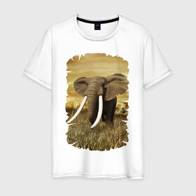 Мужская футболка хлопок с принтом Могучий слон в Тюмени, 100% хлопок | прямой крой, круглый вырез горловины, длина до линии бедер, слегка спущенное плечо. | elephant | африка | бивни | джунгли | мамонт | савана | сафари | слон | хобот