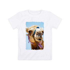 Детская футболка хлопок с принтом Верблюд в Тюмени, 100% хлопок | круглый вырез горловины, полуприлегающий силуэт, длина до линии бедер | верблюд | горб | животное | караван | песок | плевок | пустыня