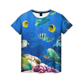 Женская футболка 3D с принтом Дайвинг в Тюмени, 100% полиэфир ( синтетическое хлопкоподобное полотно) | прямой крой, круглый вырез горловины, длина до линии бедер | Тематика изображения на принте: дайвинг | египет | каникулы | коралловый риф | крабы | красное море | море | морские обитатели | океан | отдых | отпуск | подводные красоты | приключение | рыбки | рыбы | туризм