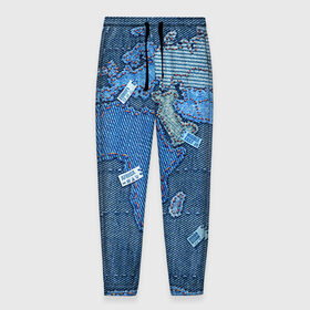 Мужские брюки 3D с принтом Джинсовый 4 в Тюмени, 100% полиэстер | манжеты по низу, эластичный пояс регулируется шнурком, по бокам два кармана без застежек, внутренняя часть кармана из мелкой сетки | Тематика изображения на принте: джинсовый | джинсы | карта | мир