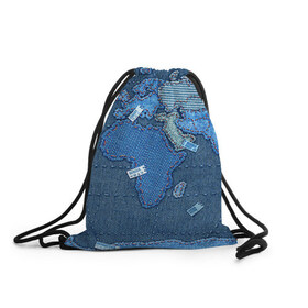 Рюкзак-мешок 3D с принтом Джинсовый 4 в Тюмени, 100% полиэстер | плотность ткани — 200 г/м2, размер — 35 х 45 см; лямки — толстые шнурки, застежка на шнуровке, без карманов и подкладки | джинсовый | джинсы | карта | мир