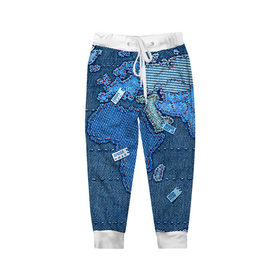 Детские брюки 3D с принтом Джинсовый 4 в Тюмени, 100% полиэстер | манжеты по низу, эластичный пояс регулируется шнурком, по бокам два кармана без застежек, внутренняя часть кармана из мелкой сетки | джинсовый | джинсы | карта | мир
