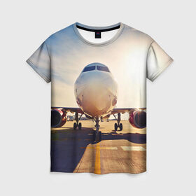 Женская футболка 3D с принтом Самолет в Тюмени, 100% полиэфир ( синтетическое хлопкоподобное полотно) | прямой крой, круглый вырез горловины, длина до линии бедер | дорога | летчик | небо | полет | самолет | солнце