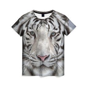 Женская футболка 3D с принтом Бенгальский тигр в Тюмени, 100% полиэфир ( синтетическое хлопкоподобное полотно) | прямой крой, круглый вырез горловины, длина до линии бедер | tiger | белый | дикая кошка | тигр | хищник