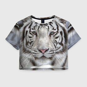 Женская футболка 3D укороченная с принтом Бенгальский тигр в Тюмени, 100% полиэстер | круглая горловина, длина футболки до линии талии, рукава с отворотами | tiger | белый | дикая кошка | тигр | хищник