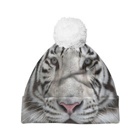 Шапка 3D c помпоном с принтом Бенгальский тигр в Тюмени, 100% полиэстер | универсальный размер, печать по всей поверхности изделия | Тематика изображения на принте: tiger | белый | дикая кошка | тигр | хищник