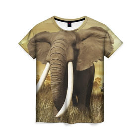 Женская футболка 3D с принтом Могучий слон в Тюмени, 100% полиэфир ( синтетическое хлопкоподобное полотно) | прямой крой, круглый вырез горловины, длина до линии бедер | Тематика изображения на принте: elephant | африка | бивни | джунгли | мамонт | савана | сафари | слон | хобот