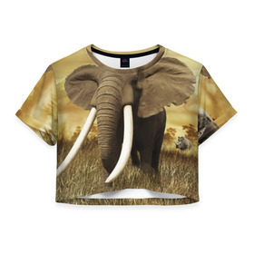 Женская футболка 3D укороченная с принтом Могучий слон в Тюмени, 100% полиэстер | круглая горловина, длина футболки до линии талии, рукава с отворотами | Тематика изображения на принте: elephant | африка | бивни | джунгли | мамонт | савана | сафари | слон | хобот