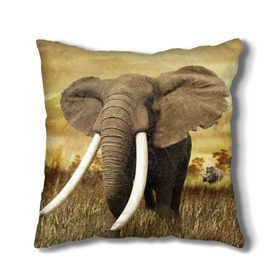 Подушка 3D с принтом Могучий слон в Тюмени, наволочка – 100% полиэстер, наполнитель – холлофайбер (легкий наполнитель, не вызывает аллергию). | состоит из подушки и наволочки. Наволочка на молнии, легко снимается для стирки | elephant | африка | бивни | джунгли | мамонт | савана | сафари | слон | хобот