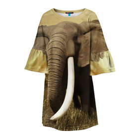 Детское платье 3D с принтом Могучий слон в Тюмени, 100% полиэстер | прямой силуэт, чуть расширенный к низу. Круглая горловина, на рукавах — воланы | Тематика изображения на принте: elephant | африка | бивни | джунгли | мамонт | савана | сафари | слон | хобот