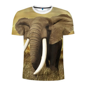 Мужская футболка 3D спортивная с принтом Могучий слон в Тюмени, 100% полиэстер с улучшенными характеристиками | приталенный силуэт, круглая горловина, широкие плечи, сужается к линии бедра | Тематика изображения на принте: elephant | африка | бивни | джунгли | мамонт | савана | сафари | слон | хобот