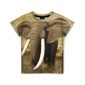 Детская футболка 3D с принтом Могучий слон в Тюмени, 100% гипоаллергенный полиэфир | прямой крой, круглый вырез горловины, длина до линии бедер, чуть спущенное плечо, ткань немного тянется | elephant | африка | бивни | джунгли | мамонт | савана | сафари | слон | хобот