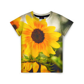 Детская футболка 3D с принтом Подсолнухи в Тюмени, 100% гипоаллергенный полиэфир | прямой крой, круглый вырез горловины, длина до линии бедер, чуть спущенное плечо, ткань немного тянется | лето | подсолнух | солнце | цветы