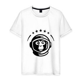 Мужская футболка хлопок с принтом Обезьяна космонавт в Тюмени, 100% хлопок | прямой крой, круглый вырез горловины, длина до линии бедер, слегка спущенное плечо. | Тематика изображения на принте: космос