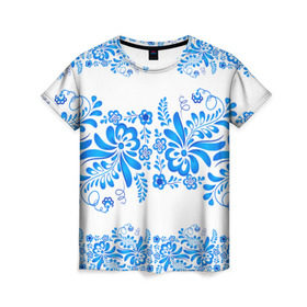 Женская футболка 3D с принтом Гжель в Тюмени, 100% полиэфир ( синтетическое хлопкоподобное полотно) | прямой крой, круглый вырез горловины, длина до линии бедер | роспись | россия | русь | узор