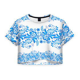 Женская футболка 3D укороченная с принтом Гжель в Тюмени, 100% полиэстер | круглая горловина, длина футболки до линии талии, рукава с отворотами | роспись | россия | русь | узор