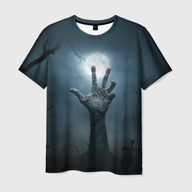 Мужская футболка 3D с принтом Рука зомби в Тюмени, 100% полиэфир | прямой крой, круглый вырез горловины, длина до линии бедер | кладбище | луна | мертвец