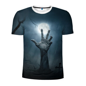 Мужская футболка 3D спортивная с принтом Рука зомби в Тюмени, 100% полиэстер с улучшенными характеристиками | приталенный силуэт, круглая горловина, широкие плечи, сужается к линии бедра | кладбище | луна | мертвец