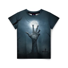 Детская футболка 3D с принтом Рука зомби в Тюмени, 100% гипоаллергенный полиэфир | прямой крой, круглый вырез горловины, длина до линии бедер, чуть спущенное плечо, ткань немного тянется | кладбище | луна | мертвец