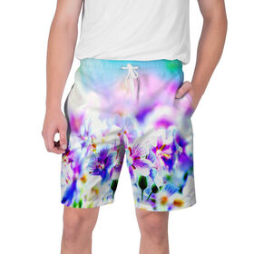 Мужские шорты 3D с принтом Цветочное поле в Тюмени,  полиэстер 100% | прямой крой, два кармана без застежек по бокам. Мягкая трикотажная резинка на поясе, внутри которой широкие завязки. Длина чуть выше колен | весна | лето | цветочки | цветы