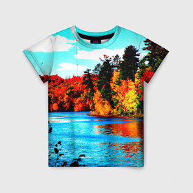 Детская футболка 3D с принтом Озеро в Тюмени, 100% гипоаллергенный полиэфир | прямой крой, круглый вырез горловины, длина до линии бедер, чуть спущенное плечо, ткань немного тянется | Тематика изображения на принте: деревья | красные листья | кусты | осень | природа | река
