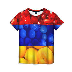 Женская футболка 3D с принтом Флаг Армении в Тюмени, 100% полиэфир ( синтетическое хлопкоподобное полотно) | прямой крой, круглый вырез горловины, длина до линии бедер | армения | гранат | персик | слива | страны | флаг армении | фрукты