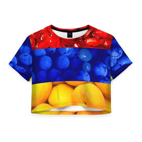 Женская футболка 3D укороченная с принтом Флаг Армении в Тюмени, 100% полиэстер | круглая горловина, длина футболки до линии талии, рукава с отворотами | армения | гранат | персик | слива | страны | флаг армении | фрукты
