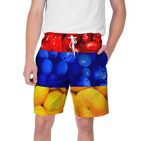 Мужские шорты 3D с принтом Флаг Армении в Тюмени,  полиэстер 100% | прямой крой, два кармана без застежек по бокам. Мягкая трикотажная резинка на поясе, внутри которой широкие завязки. Длина чуть выше колен | армения | гранат | персик | слива | страны | флаг армении | фрукты