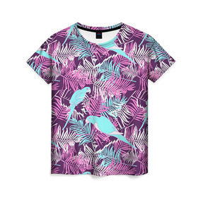 Женская футболка 3D с принтом Summer paradise в Тюмени, 100% полиэфир ( синтетическое хлопкоподобное полотно) | прямой крой, круглый вырез горловины, длина до линии бедер | паттерн | попугаи | разноцветный | тропики | цветы | яркий