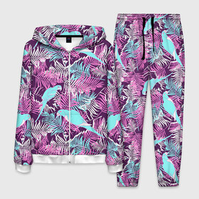 Мужской костюм 3D с принтом Summer paradise в Тюмени, 100% полиэстер | Манжеты и пояс оформлены тканевой резинкой, двухслойный капюшон со шнурком для регулировки, карманы спереди | паттерн | попугаи | разноцветный | тропики | цветы | яркий