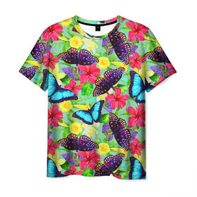 Мужская футболка 3D с принтом Summer Butterflies в Тюмени, 100% полиэфир | прямой крой, круглый вырез горловины, длина до линии бедер | Тематика изображения на принте: бабочки | лето | пестрый | разноцветный