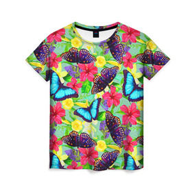Женская футболка 3D с принтом Summer Butterflies в Тюмени, 100% полиэфир ( синтетическое хлопкоподобное полотно) | прямой крой, круглый вырез горловины, длина до линии бедер | бабочки | лето | пестрый | разноцветный