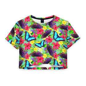 Женская футболка 3D укороченная с принтом Summer Butterflies в Тюмени, 100% полиэстер | круглая горловина, длина футболки до линии талии, рукава с отворотами | Тематика изображения на принте: бабочки | лето | пестрый | разноцветный