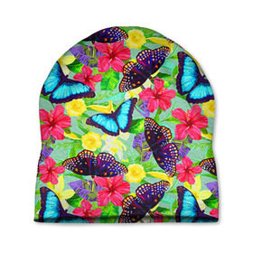 Шапка 3D с принтом Summer Butterflies в Тюмени, 100% полиэстер | универсальный размер, печать по всей поверхности изделия | Тематика изображения на принте: бабочки | лето | пестрый | разноцветный