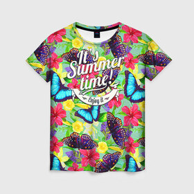 Женская футболка 3D с принтом Summer Butterflies 2 в Тюмени, 100% полиэфир ( синтетическое хлопкоподобное полотно) | прямой крой, круглый вырез горловины, длина до линии бедер | 