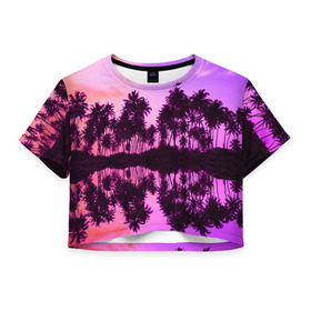 Женская футболка 3D укороченная с принтом Hawaii dream в Тюмени, 100% полиэстер | круглая горловина, длина футболки до линии талии, рукава с отворотами | гавайи | закат | пляж