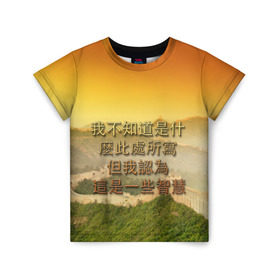 Детская футболка 3D с принтом Великая Китайская стена в Тюмени, 100% гипоаллергенный полиэфир | прямой крой, круглый вырез горловины, длина до линии бедер, чуть спущенное плечо, ткань немного тянется | Тематика изображения на принте: иероглифы | китай
