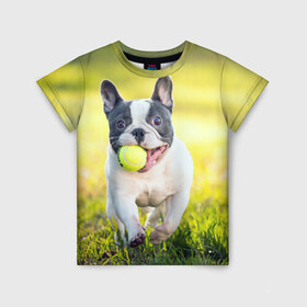 Детская футболка 3D с принтом Бульдог в Тюмени, 100% гипоаллергенный полиэфир | прямой крой, круглый вырез горловины, длина до линии бедер, чуть спущенное плечо, ткань немного тянется | бульдог | лето | мячик | радость | собака | солнце