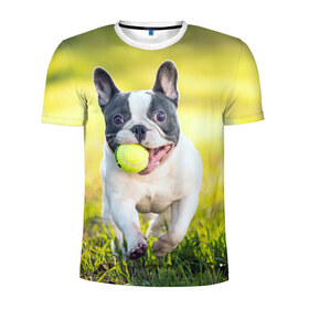 Мужская футболка 3D спортивная с принтом Бульдог в Тюмени, 100% полиэстер с улучшенными характеристиками | приталенный силуэт, круглая горловина, широкие плечи, сужается к линии бедра | бульдог | лето | мячик | радость | собака | солнце