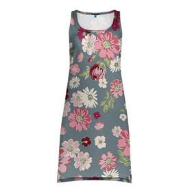 Платье-майка 3D с принтом Цветочки в Тюмени, 100% полиэстер | полуприлегающий силуэт, широкие бретели, круглый вырез горловины, удлиненный подол сзади. | нежный | паттерн | розовый