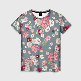 Женская футболка 3D с принтом Цветочки в Тюмени, 100% полиэфир ( синтетическое хлопкоподобное полотно) | прямой крой, круглый вырез горловины, длина до линии бедер | нежный | паттерн | розовый