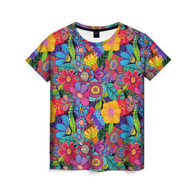 Женская футболка 3D с принтом Яркие цветы в Тюмени, 100% полиэфир ( синтетическое хлопкоподобное полотно) | прямой крой, круглый вырез горловины, длина до линии бедер | летний | разноцветный | цветы | яркий