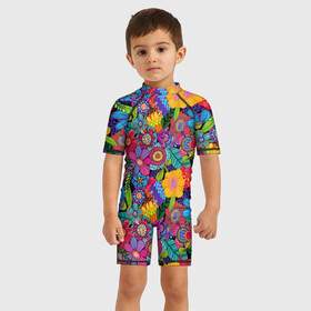 Детский купальный костюм 3D с принтом Яркие цветы в Тюмени, Полиэстер 85%, Спандекс 15% | застежка на молнии на спине | летний | разноцветный | цветы | яркий
